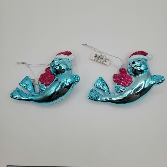 2 Blue Seals Ocean Life Shatterproof Christmas Ornaments - Picture 2 of 4